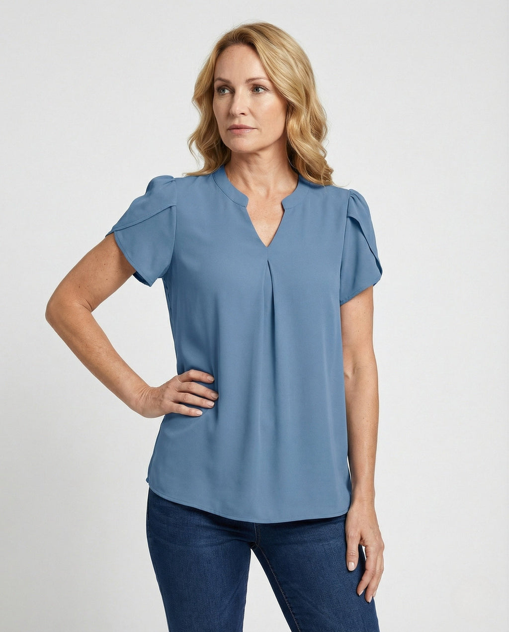 Blouse top women with V-neck and puff sleeves - upper body view