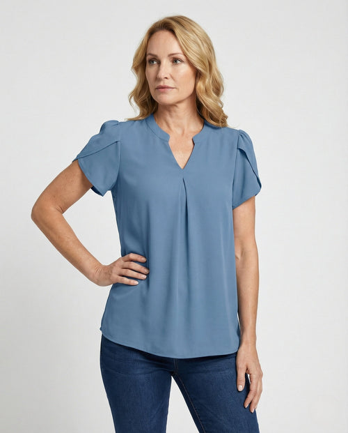 Blouse top women with V-neck and puff sleeves - upper body view