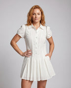 Ladies short sleeve dress with chic collar and pleated skirt - upper body view