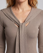 Women’s long sleeve dress with stylish hooded design and figure-hugging cut - detail close-up