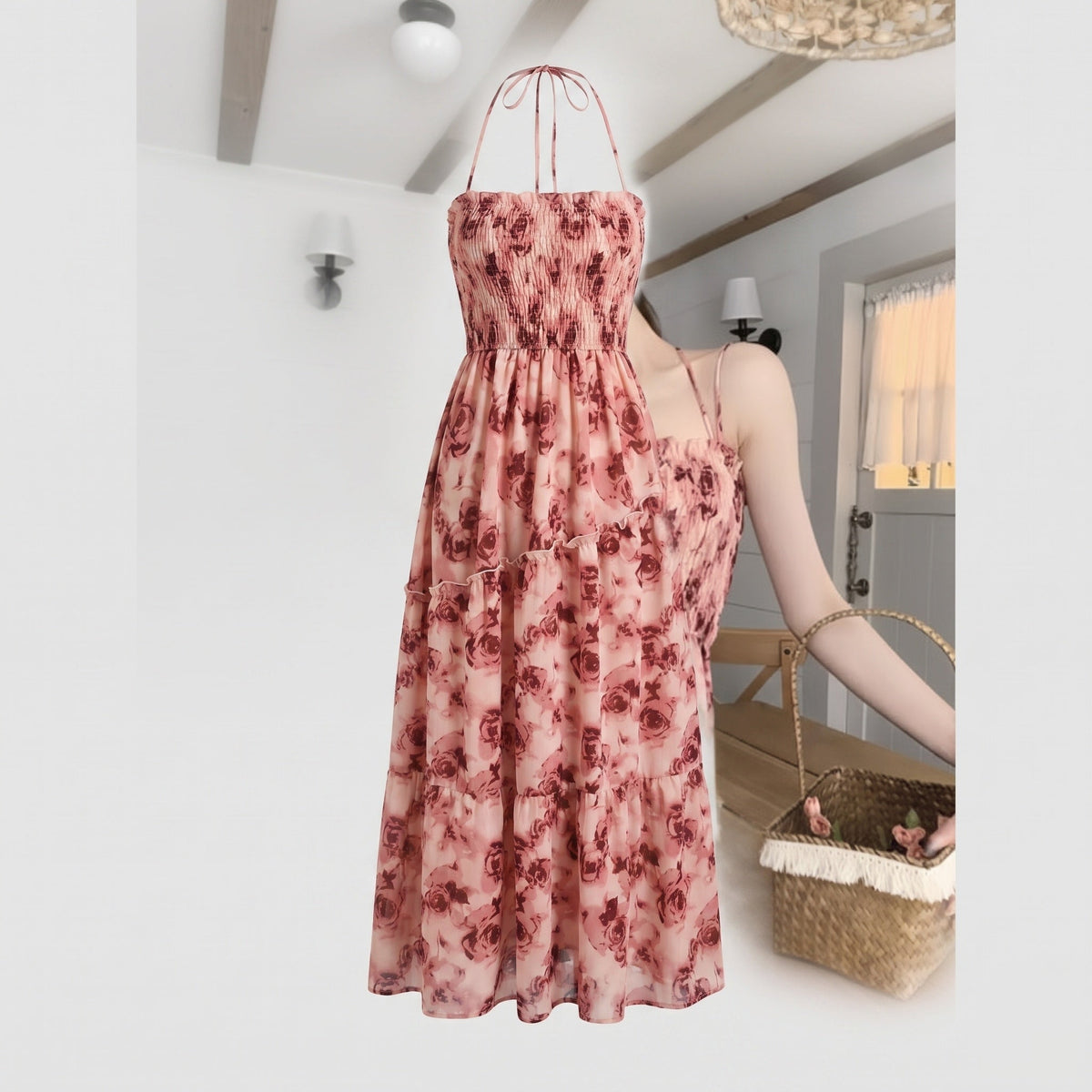 Women’s maxi dress with elegant floral pattern and tailored fit - product shot
