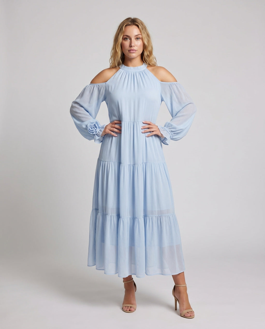 Women’s Maxi Dress with Off-Shoulder Design and Delicate Ruffles - front view