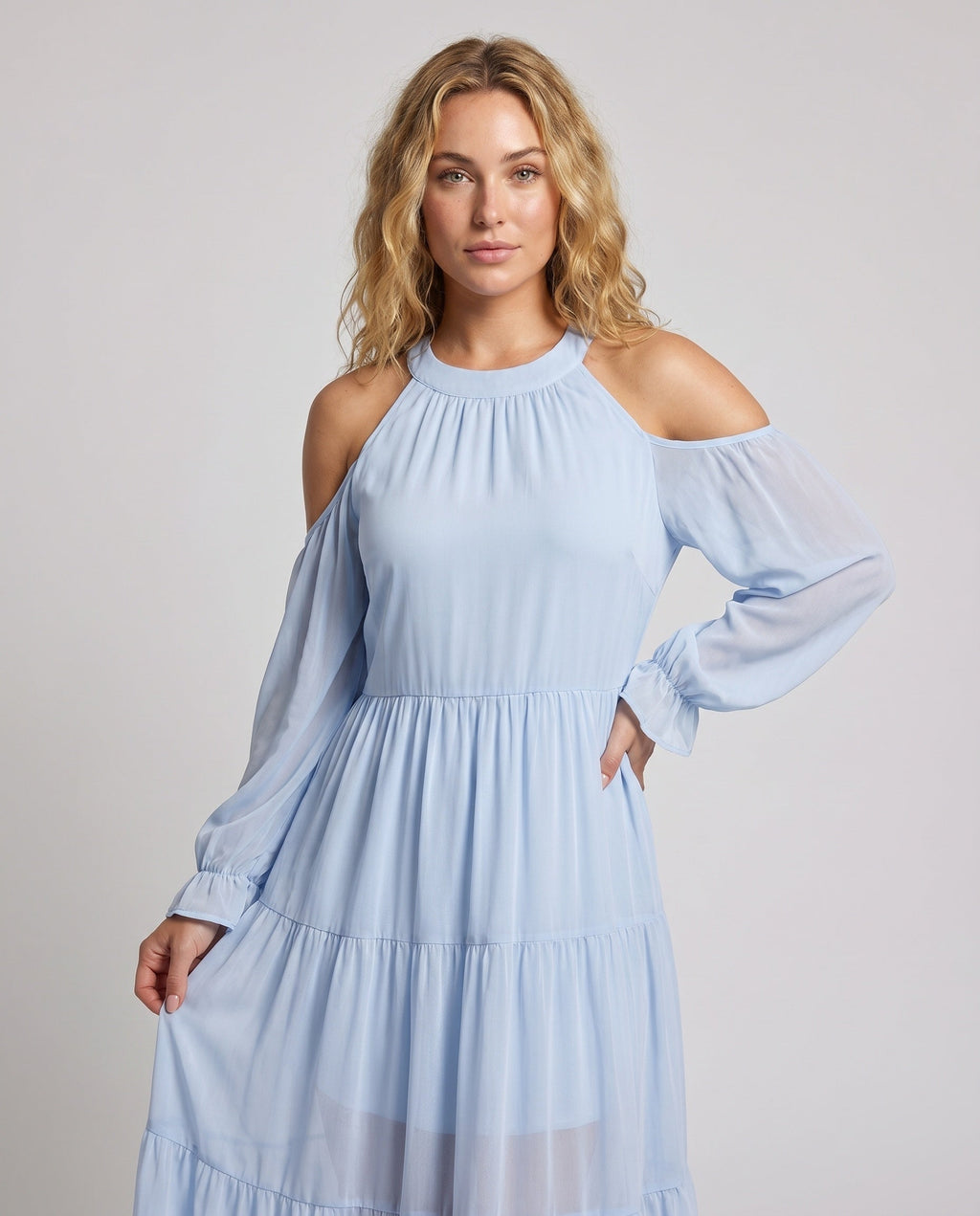 Women’s Maxi Dress with Off-Shoulder Design and Delicate Ruffles - upper body view