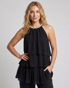 Women's Playful Chiffon Dress with Voluminous Ruffles and Elegant Neck Scarf - upper body view