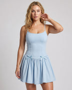 Women's playful chiffon dress with flowing skirt and elegant waistline - upper body view