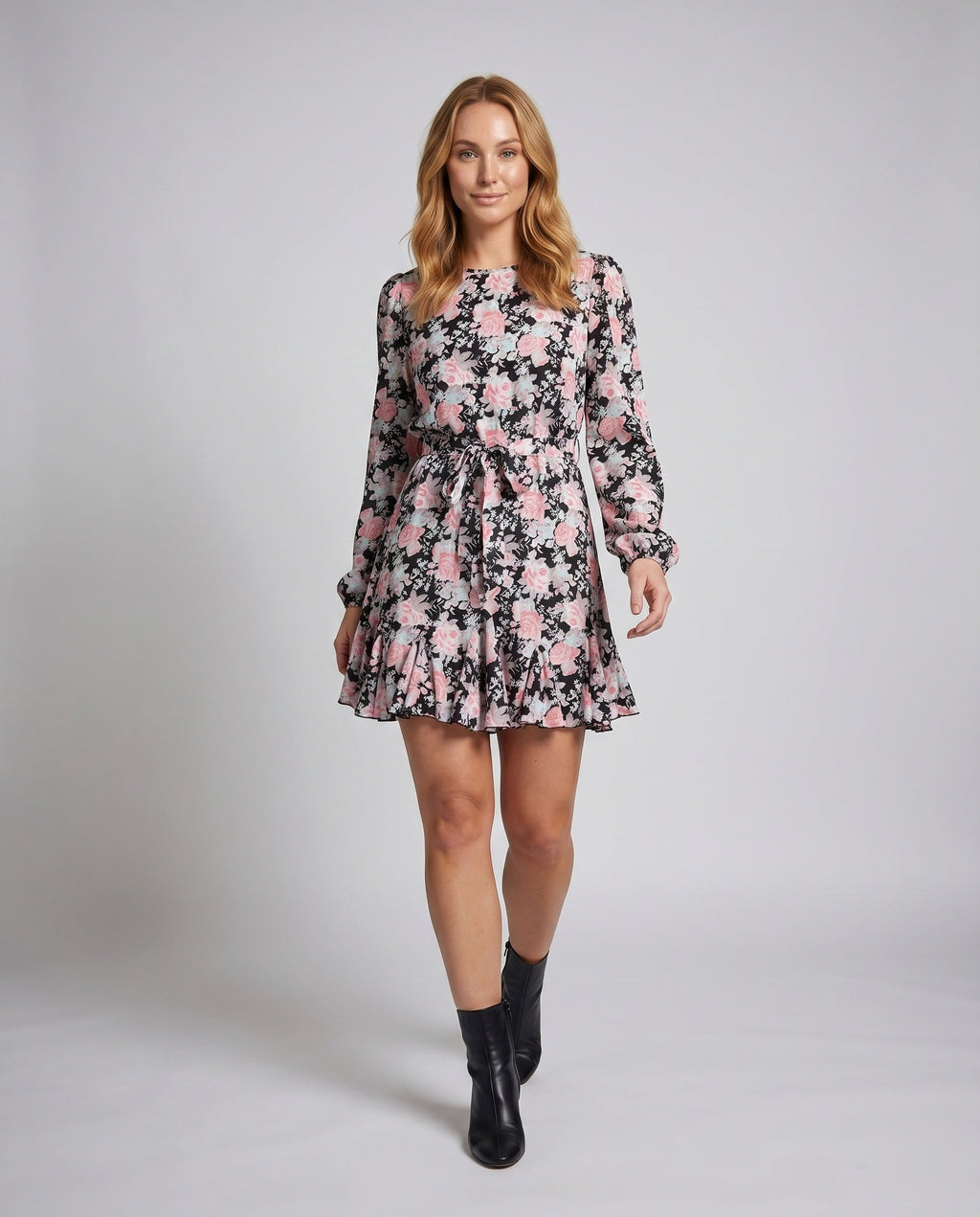 Women's blouse dress with floral ruffles and tie belt - front view