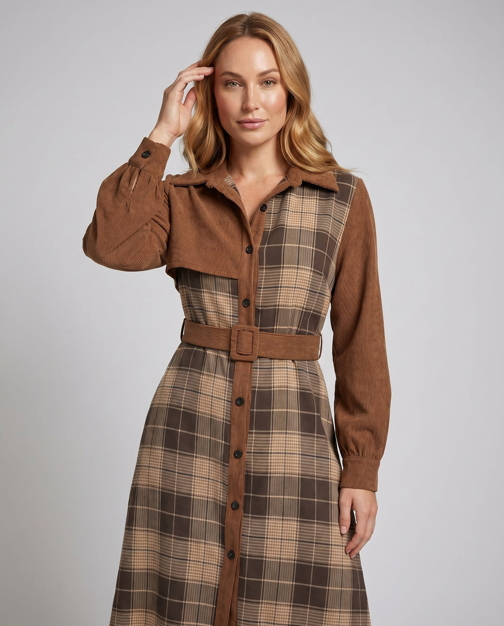 Women's shirt dress with belt and modern check pattern - upper body view