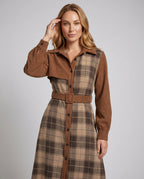 Women's shirt dress with belt and modern check pattern - upper body view