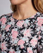 Women's blouse dress with floral ruffles and tie belt - detail close-up