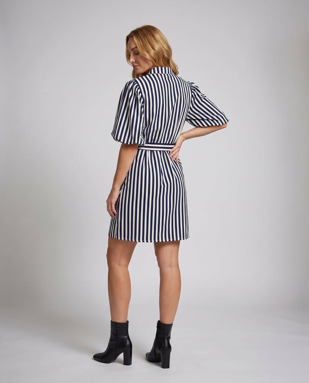 Women's shirt dress with fashionable stripes and tie belt - back view