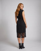 Women's shirt dress with lace accents and tie belt - back view