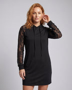 Women Hoodie Dress with Transparent Lace Sleeves and Casual Cut - upper body view