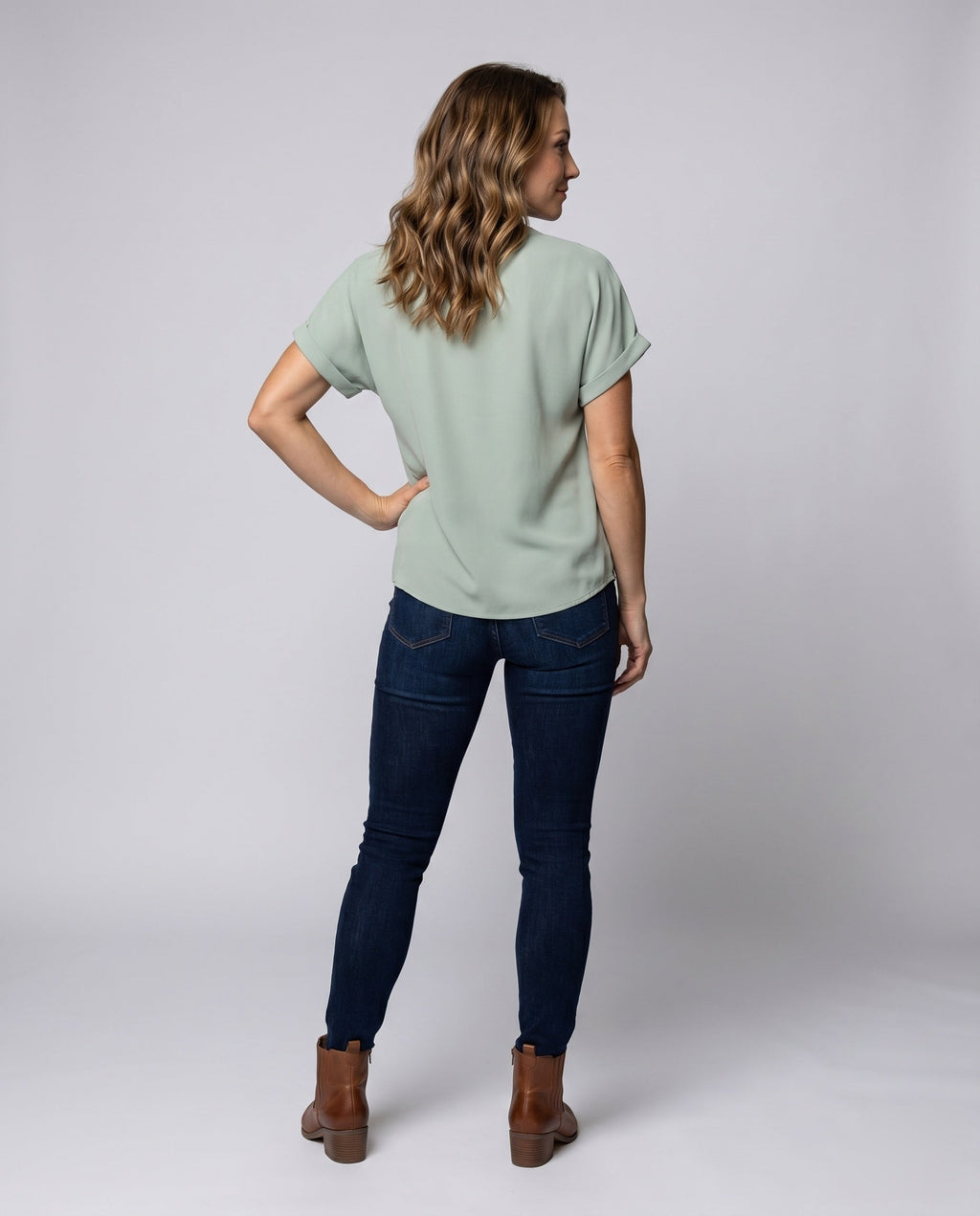 Women casual V neck blouse shirt with chest pocket - back view