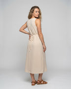 Women’s midi dress with button placket and side slit - back view