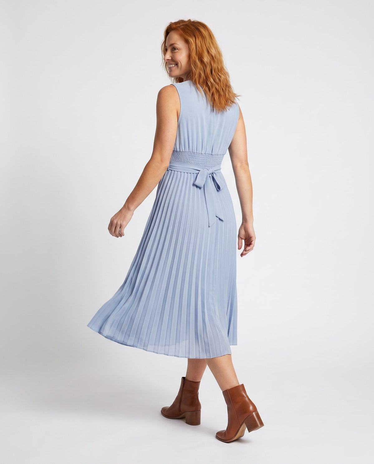 Women's Pleated Maxi Dress with Wrap Top and Elegant Waist Tie - back view