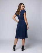 Women's Pleated Midi Dress with V-Neck and Ruffle Details - back view