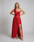 Women Elegant Maxi Dress with Asymmetric Hem and Ruffle Details - front view