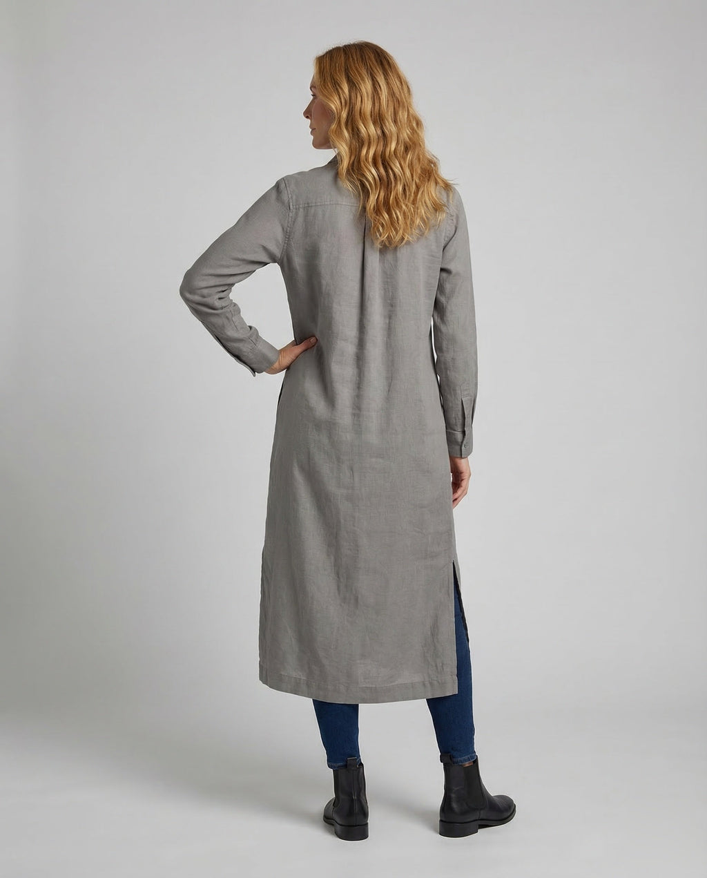 Linen Maxi Dress Women with Button Placket - back view