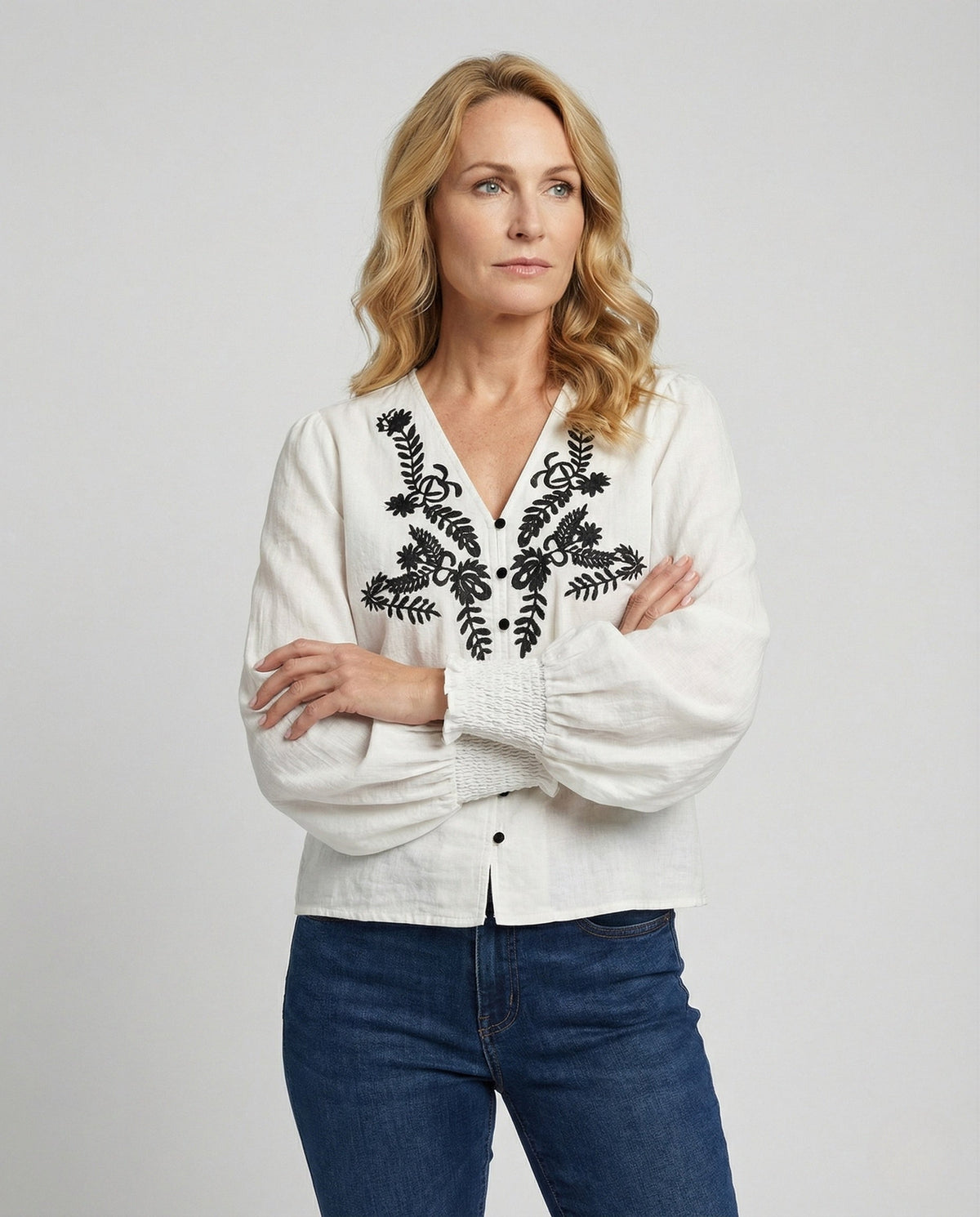 Women's Blouse Top Oversize Embroidered - upper body view