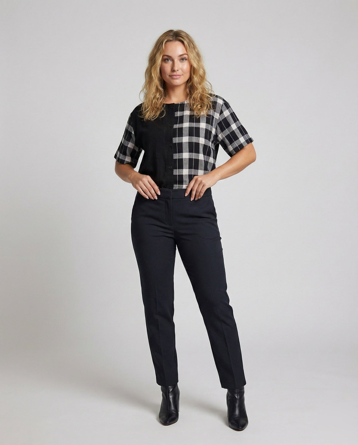 Women Check Mix Oversized Blouse Shirt - front view