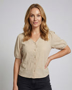 Women's Casual Henley Blouse Shirt - upper body view